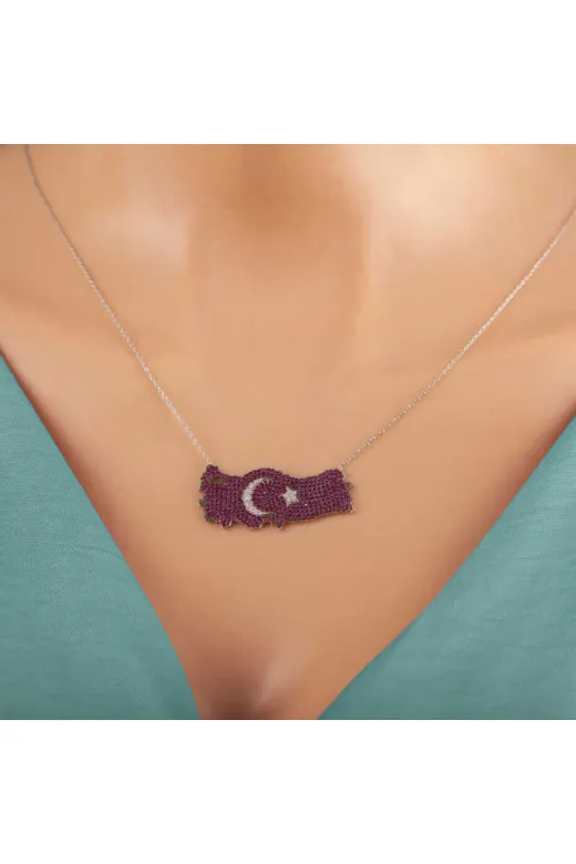 Generic DMR-GMSH-BRKD-PT11003737 Gümüş Ay Yıldız Türkiye Haritası Kadın Kolye