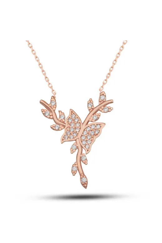 Generic DMR-GMSH-BRKD-PT11004075 Gümüş Rose Daldaki Kelebek Kadın Kolye