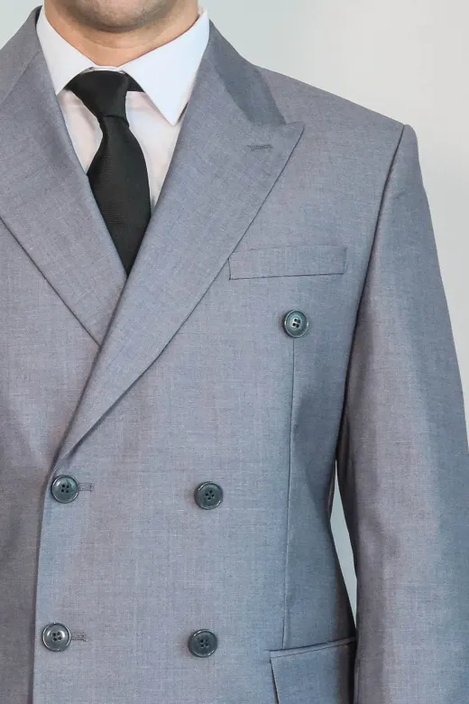 Geniş Sivri Yakalı Çizgili Desenli Slim Fit Gri Erkek Kruvaze Takım Elbise - Wessi