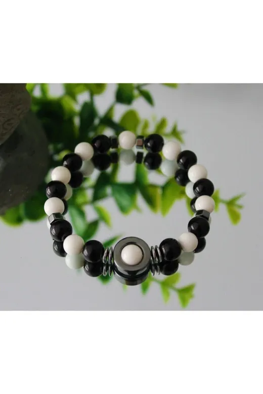 Gift Sellection hmç099 Gerçek Doğal Taş Bileklik Taraftar Bileklikleri Siyah Beyaz