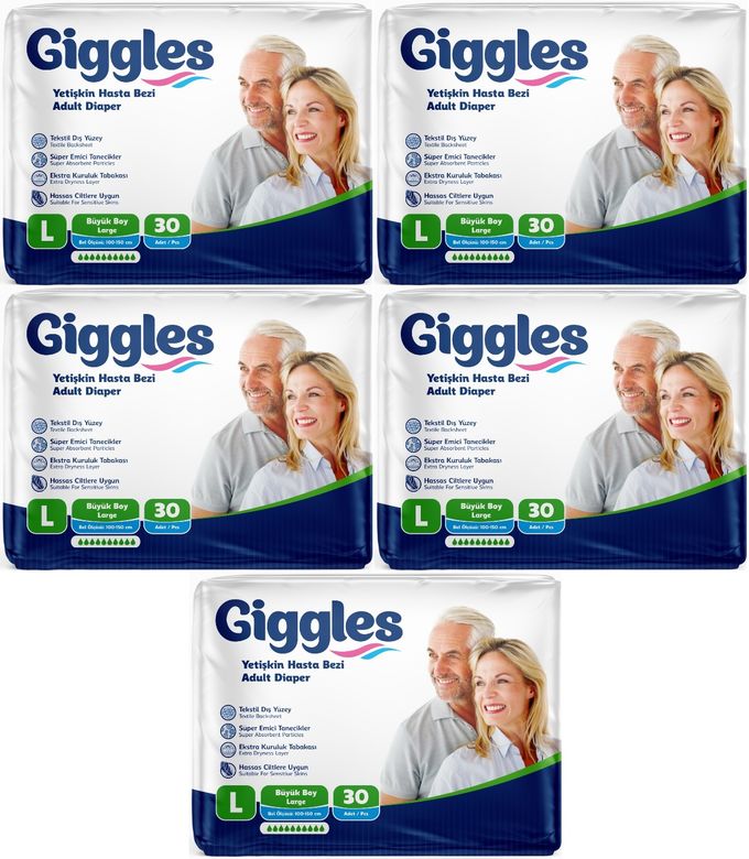 Giggles Yetişkin Bezi Bel Bantlı Tekstil Yüzey Büyük - Large (L) 150 Adet (5PK*30)