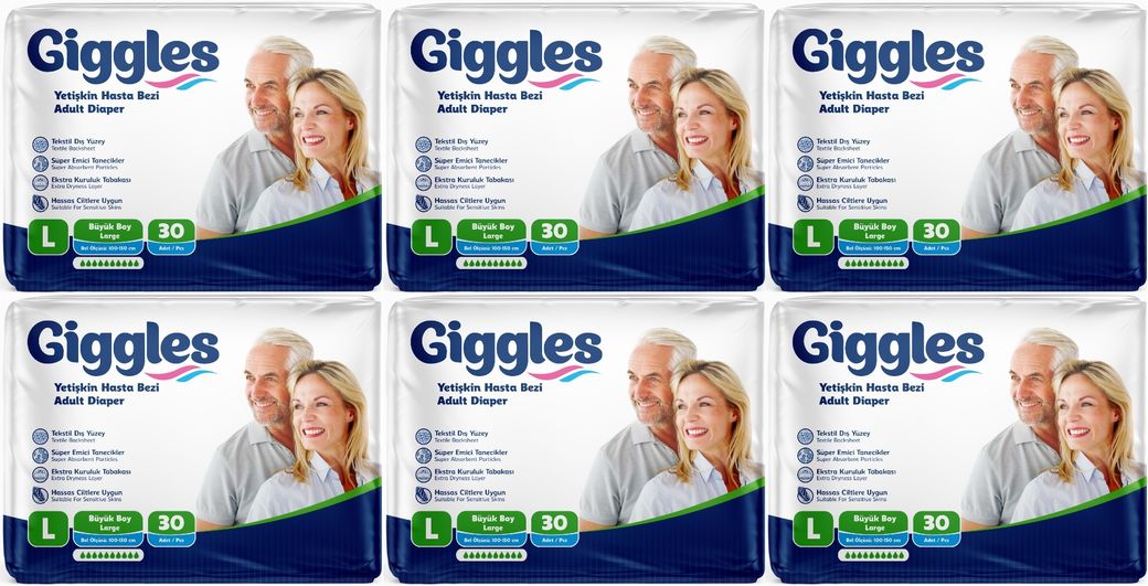 Giggles Yetişkin Bezi Bel Bantlı Tekstil Yüzey Büyük - Large (L) 180 Adet (6PK*30)