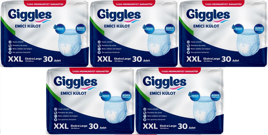 Giggles Yetişkin Bezi Emici Külot Ekstra Büyük (XXL) (Bel Ölçüsü 150 - 200 CM) 150 Adet