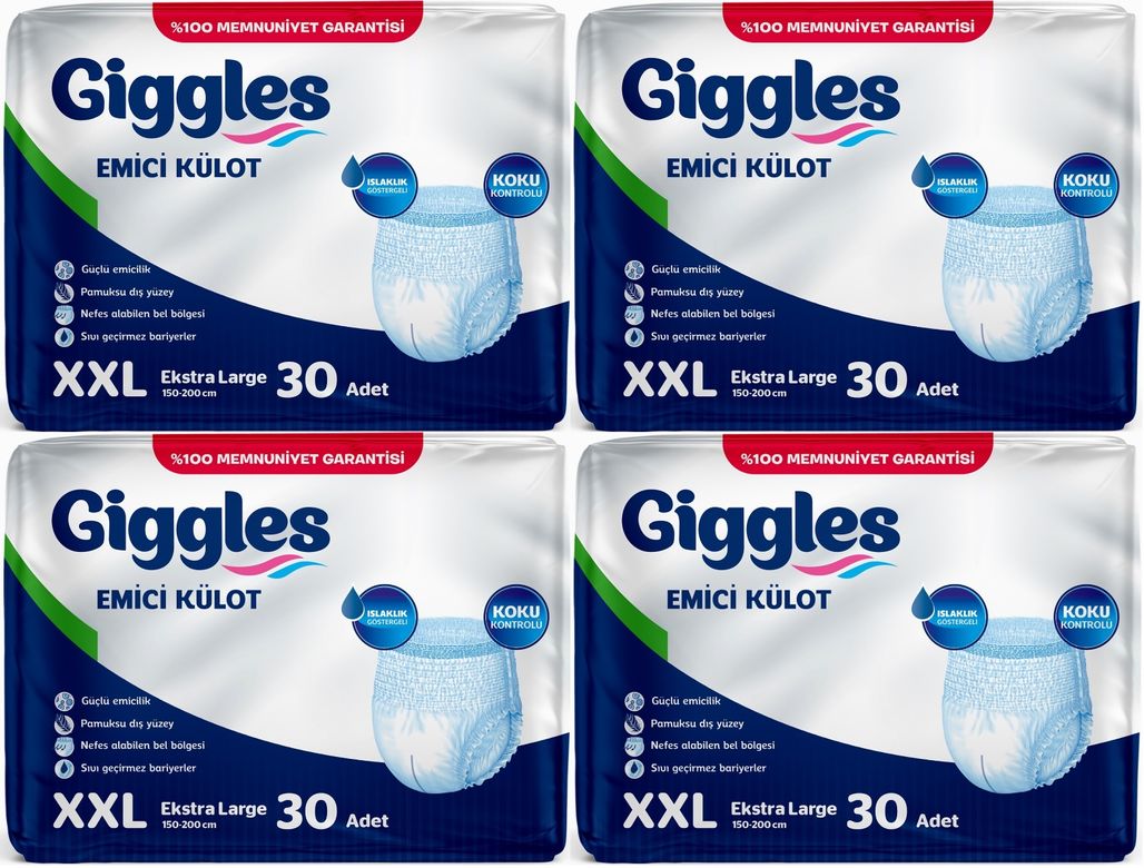 Giggles Yetişkin Bezi Emici Külot Ekstra Büyük (XXL) (Bel Ölçüsü 150 - 200 CM) 120 Adet