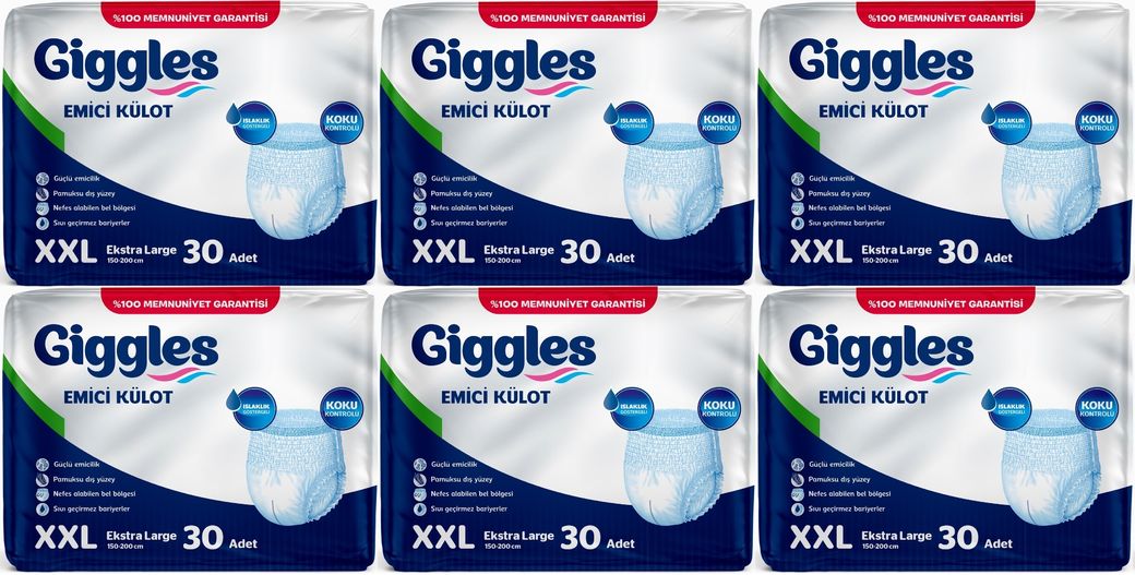 Giggles Yetişkin Bezi Emici Külot Ekstra Büyük (XXL) (Bel Ölçüsü 150 - 200 CM) 180 Adet
