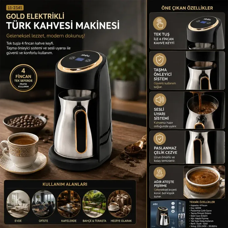 Gold Elektrikli Türk Kahvesi Makinesi 4 Fincan Sesli Uyarı - Taşma Önleyici Sistem SCM-2984