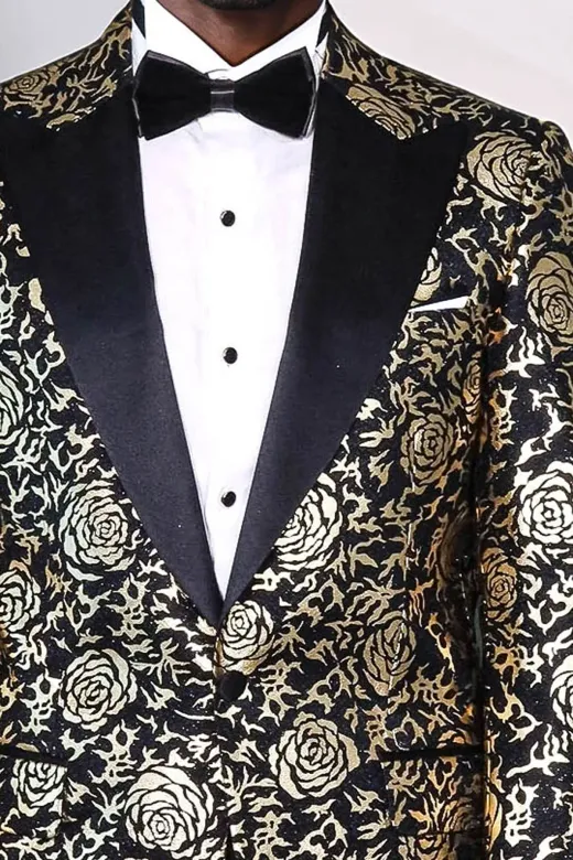 Gold Gül Desenli Slim Fit Siyah Erkek Smokin Ceket - Wessi