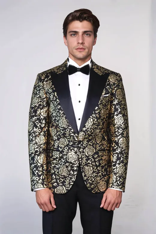 Gold Gül Desenli Slim Fit Siyah Erkek Smokin Ceket - Wessi