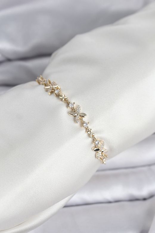 Gold Renk Yonca Model Zirkon Taşlı Asansörlü Kadın Bileklik - TJ-BB8341