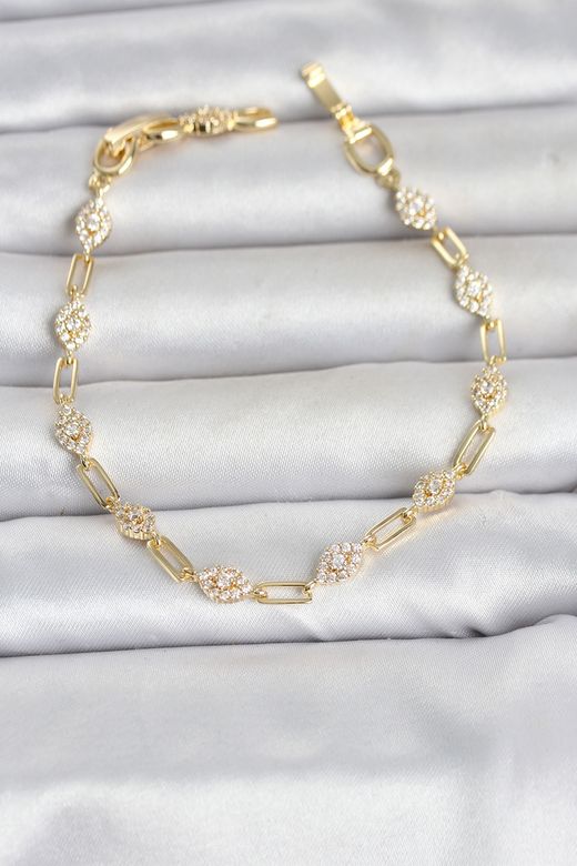 Gold Renk Zirkon Taşlı Ataç Zincir Model Kadın Bileklik