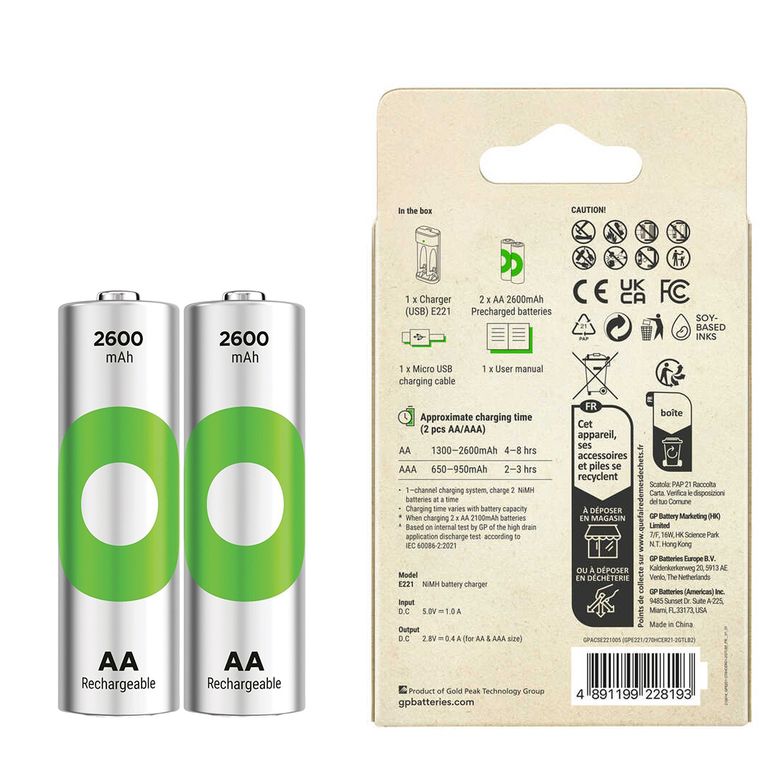 Gp Recyko E221 2x2600 mAh R6 AA Pilli Şarj Cihazı (GP-E221/270AHCER21-2GTLB2)