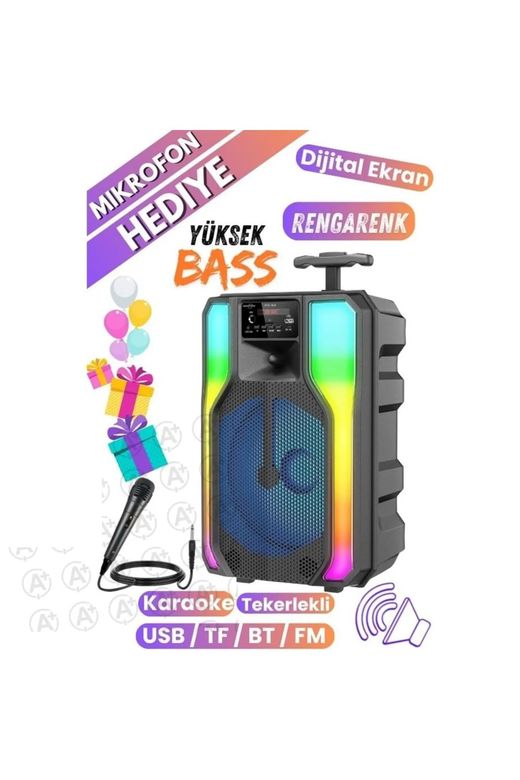 Greatnice 8" Karaoke Mikrofon Hediyeli Bluetooth Hoparlör Led Işıklı Taşınabilir Kablosuz Speaker Gts-1958