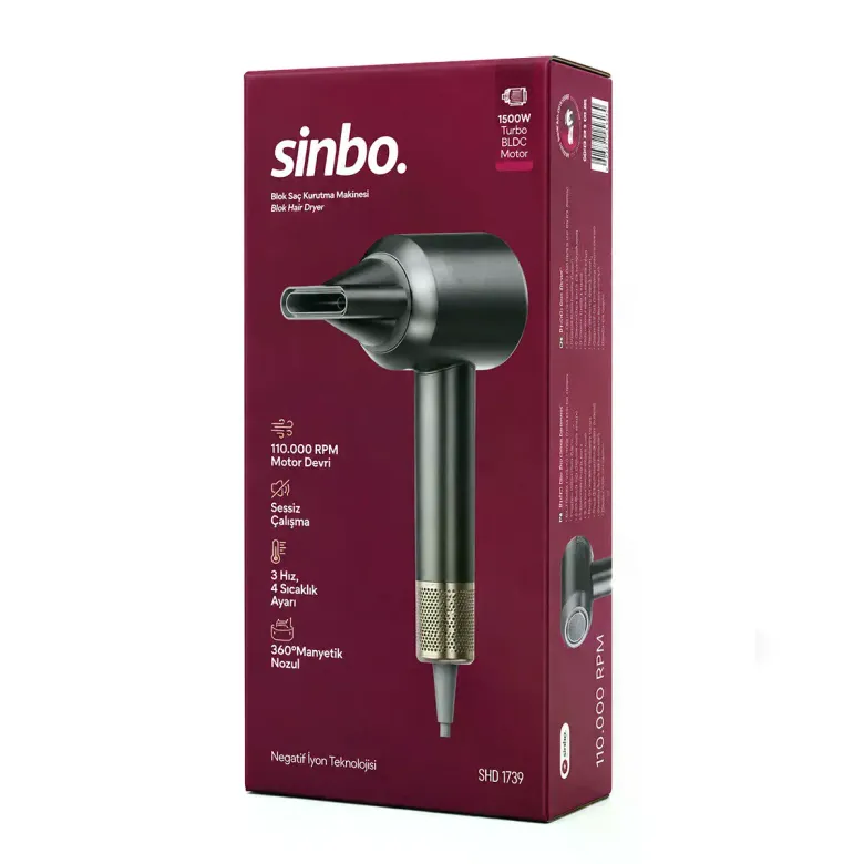 Gri Bldc Turbo Motor Saç Kurutma - Şekil Makinesi 1500W 3-KDM.HIZ 4-KDM.ISIAYAR=SICAK-ILIK-HAFİF-SOĞ
