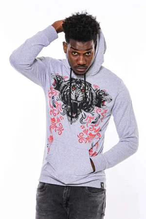 Gri Kaplan Baskılı Kapşonlu Sweatshirt | Wessi