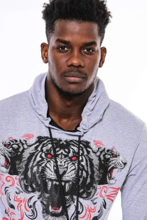 Gri Kaplan Baskılı Kapşonlu Sweatshirt | Wessi