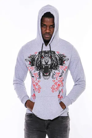 Gri Kaplan Baskılı Kapşonlu Sweatshirt | Wessi