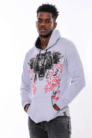 Gri Kaplan Baskılı Kapşonlu Sweatshirt | Wessi