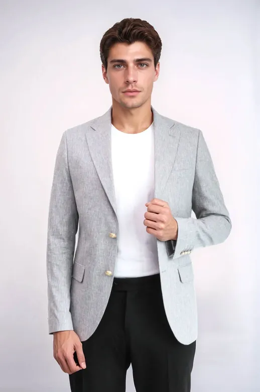Gri Keten Dokulu Gold Renk Metal Düğmeli Slim Fit Erkek Blazer Ceket - Wessi