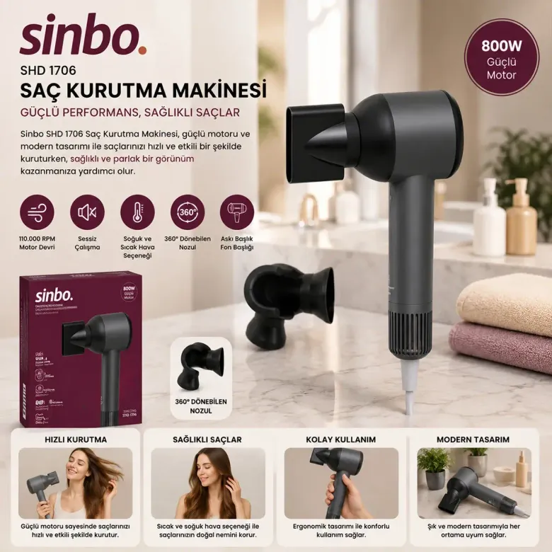 Gri Saç Kurutma Makinesi 110.000 Rpm Sessiz Çalışma - 3 Hız - Sıcaklık Ayar SHD-1755