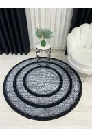 GRİ-SİYAH Hasır Jüt Sisal Bordürlü Görünümlü Yuvarlak Dekoratif Halı