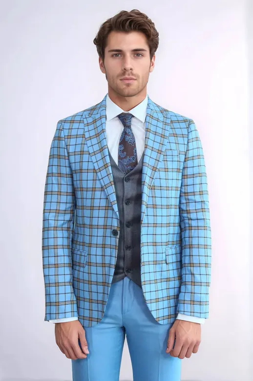 Gri Yelekli Slim Fit Ekose Açık Mavi Erkek Takım Elbise - Wessi