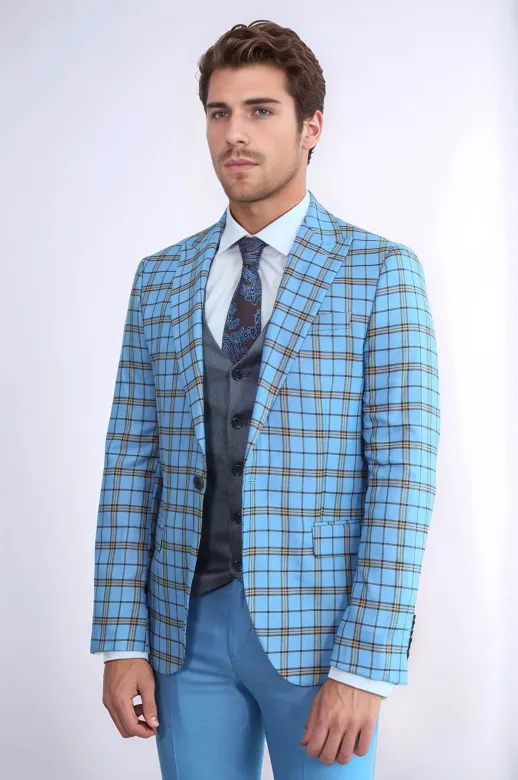 Gri Yelekli Slim Fit Ekose Açık Mavi Erkek Takım Elbise - Wessi