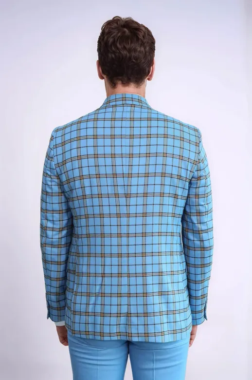Gri Yelekli Slim Fit Ekose Açık Mavi Erkek Takım Elbise - Wessi