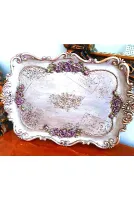 Gül Çiçek Yaprak Dekorlu 40cm Tepsi Silikon Kalıp K-709, Polyester Taş Tozu Alçı Kalıbı