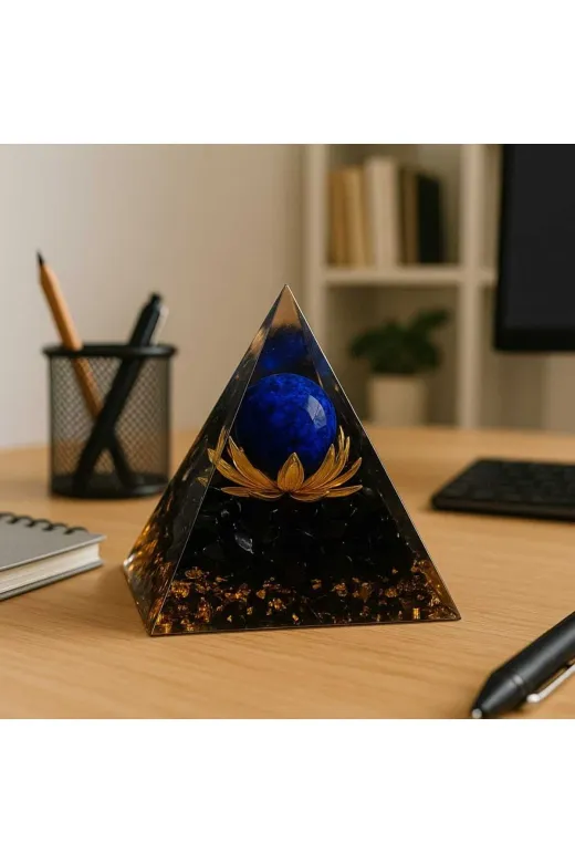 güleçdoğaltaş 99lapisobsidyenorgonit “Obsidyen & Lapis Lazuli Enerji Piramidi – Lotus Detaylı Orgonit (5 Cm)”