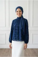 Güllü Önü Pileli Çıtır Desen Bluz-EK783-817 Lacivert