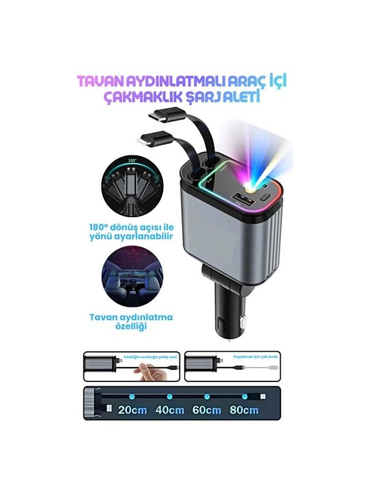 Gunkes 66W Akıllı Araç Şarjı Led Aydınlatmalı 4In1 Çift Kablolu 3.4A Araç Içi Çakmaklık Şarj Aleti
