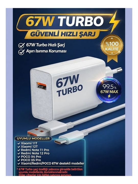 Gunkes Type-C 67 Watt Turbo Hızlı Şarj Aleti Adaptör+Kablo(Set) 67W (Watt) Xiaomi Redmi Note 11/11Pro/12/12 Pro/13/13Pro Uyumlu Xiaomi,realme,oppo (67W Destekleyen Type-C Cihazlar)