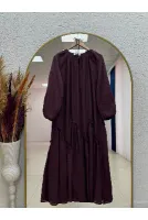 Günseli Altı Fırfırlı Vual Elbise-ÜN5046 Mürdüm