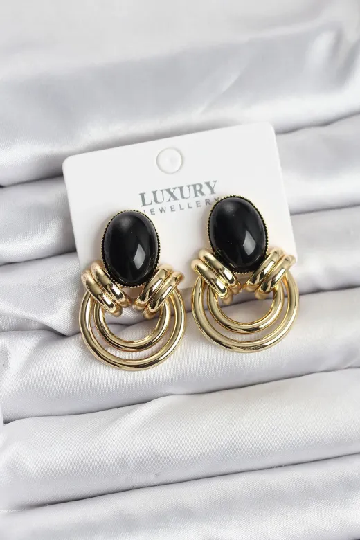 Hafk HFK-MMEYEB6912f3e9e2b2fb937d051b85 Mey İthalat® Pirinç Gold Renk Siyah Taşlı Vintage Kadın Küpe