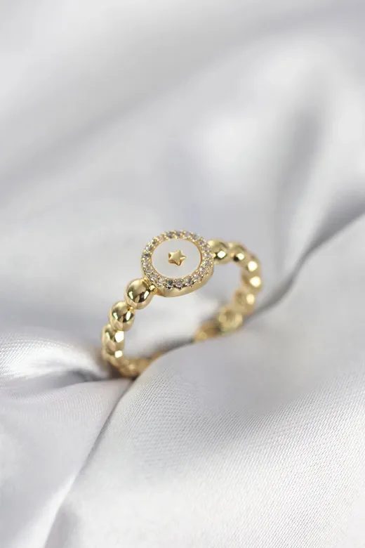 Hafk HFK-MMEYEB698dad7451f2bb8e6e08bbb6 Mey İthalat® Gold Renk Sedefli Yıldız Model Zirkon Taşlı Kadın Yüzük