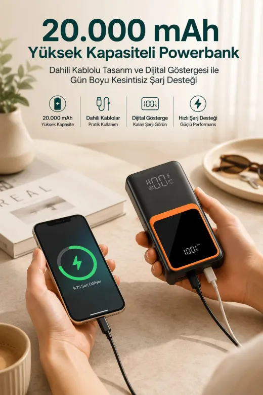 Hafk HFK-MMEYTDUCZZZ20.000POWERHIZLI1-8 Mey İthalat® 20.000 Mah Taşınabilir Şarj Cihazı Dijital Göstergeli Kablolu Powerbank