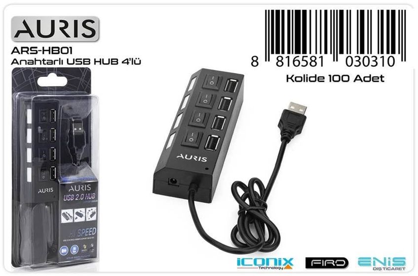 HB01 Auris 4 Port Usb 2.0 Hub Çoğaltıcı Çoklayıcı  Laptop Bilgisayar Uyumlu
