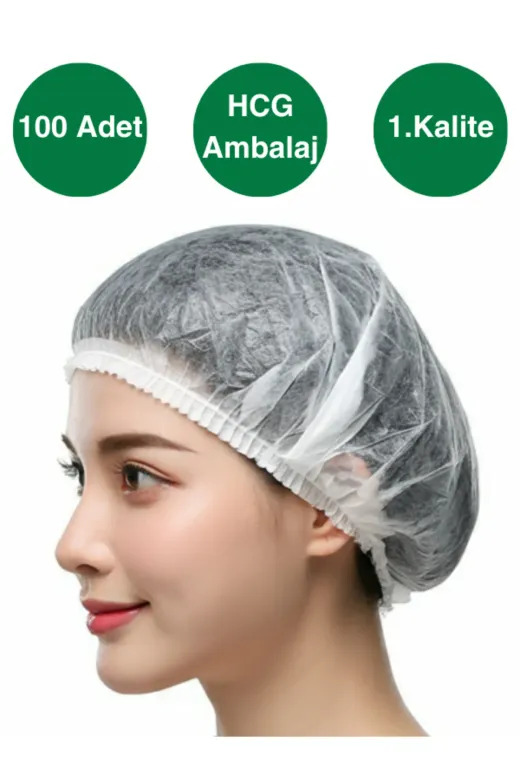 HCG Ambalaj HCG00012121 1, Kalite, Tek Kullanımlık Beyaz Bone, 52 Cm, 100Lü Paket, Çift Lastikli