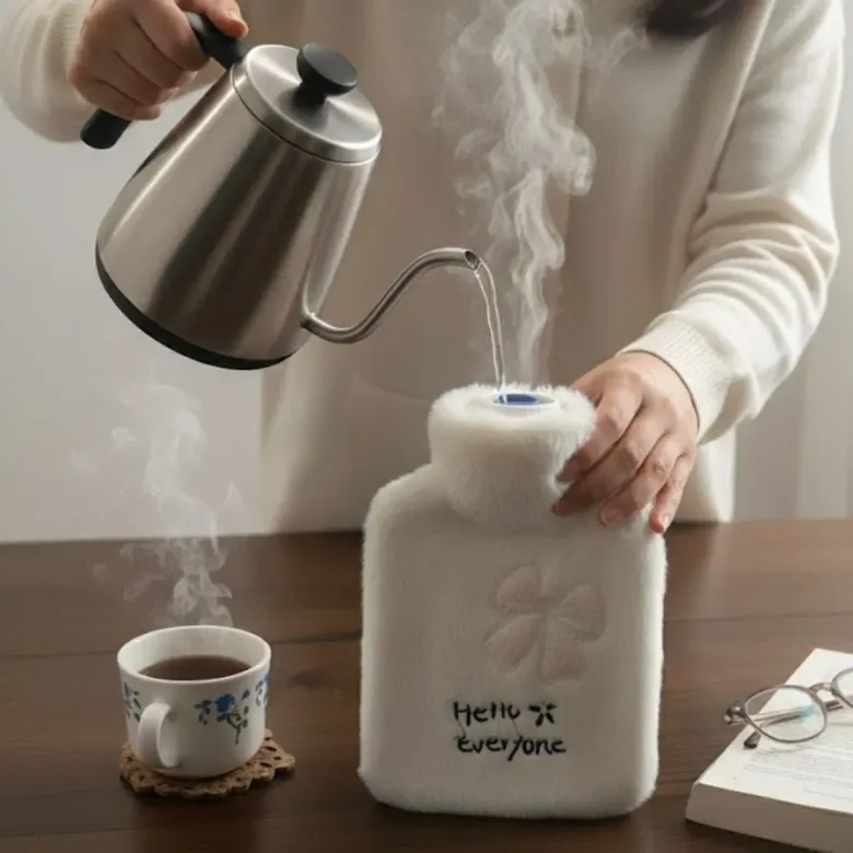 Hello Everyone Yazılı Kurdeleli Beyaz Peluş Sıcak Su Torbası 1 Lt – Yumuşak Kılıf, Uzun Süre Sıcak Tutan Termal Su Torbası (4745)
