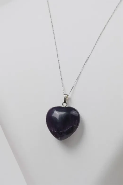 Helsinki Accessories HLSK-KLY127 Büyük Kalp Ametist Doğal Taş Kolye Helsinki
