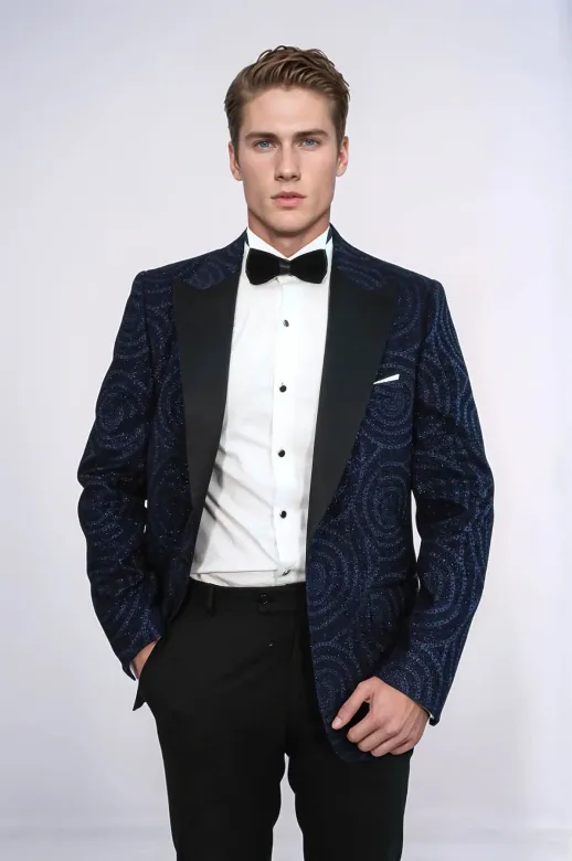 Hipnoz Desen Sivri Yaka Slim Fit Lacivert Erkek Smokin Ceket - Wessi