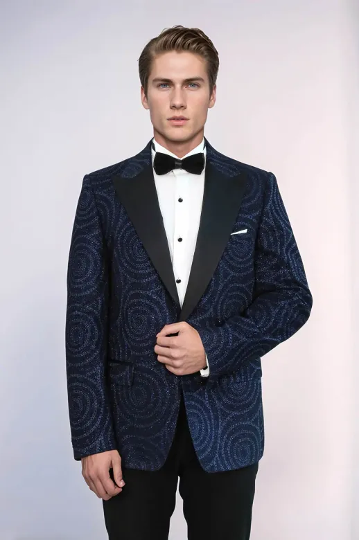 Hipnoz Desen Sivri Yaka Slim Fit Lacivert Erkek Smokin Ceket - Wessi