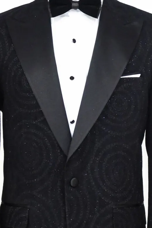 Hipnoz Desen Sivri Yaka Slim Fit Siyah Erkek Smokin Ceket - Wessi