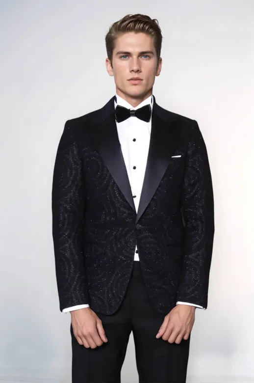 Hipnoz Desen Sivri Yaka Slim Fit Siyah Erkek Smokin Ceket - Wessi