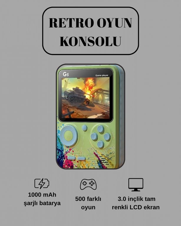 Hobibahçem 125043900 Mey İthalat G5 Game Box Retro Mini Oyun Konsolu 500 Dahili Oyun Çok Renkli