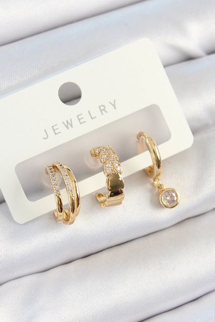 Hobibahçem MEYEB685fc64962709e524201235a-BLMY Mey İthalat Pirinç Zirkon Taşlı Halka Model Gold Renk 3'lü Çift Kadın Küpe Set Çok Renkli