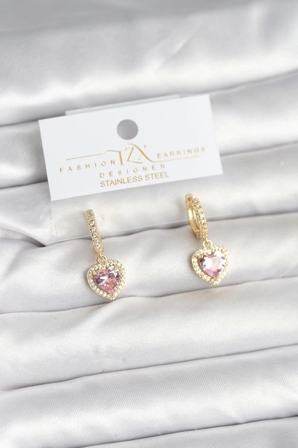 Hobibahçem MEYEB692197fcb1f012d01f0dc1e8-BLMY Mey İthalat Pirinç Gold Pembe Renk Zirkon Taşlı Kalp Model Kadın Küpe Çok Renkli