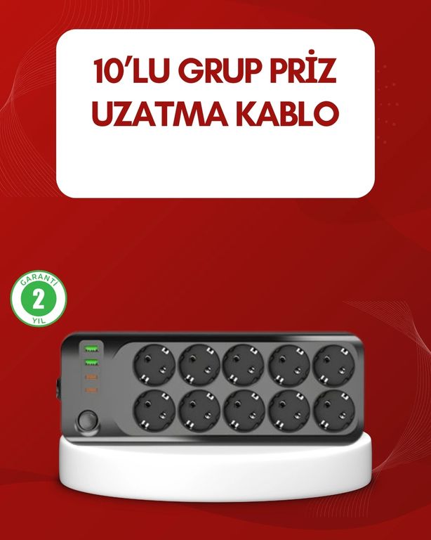 Hobibahçem MEYTDUCZZZ10LUPRİZ-2-BLMY Mey İthalat Usb Type-C Destekli 10 Lu Grup Priz Termal Korumalı 2M Kablo 2500W 0-2