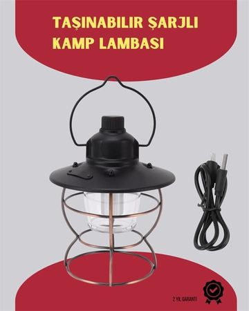 Hobibahçem MEYTDUCZZZHS67KAMPLAMBA-BLMY Mey İthalat Usb Şarjlı Retro Led Kamp Feneri 4 Işık Modu, Su Geçirmez, Taşınabilir Çok Renkli