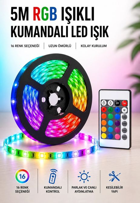Hobibahçem MEYTDUUCZ5MŞERİTLED2-BLMY Mey İthalat 5M Rgb Işıklı Her Ortama Uygun Led Işık Çok Renkli